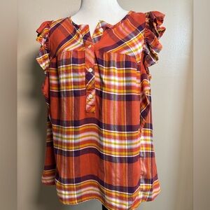 Time & Tru Ruffle Sleeve Plaid Top Size Large